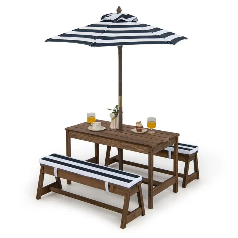 Wooden Kids’ Picnic Table & Bench Set – Outdoor Play Table with Cushioned Seats & Adjustable Umbrella