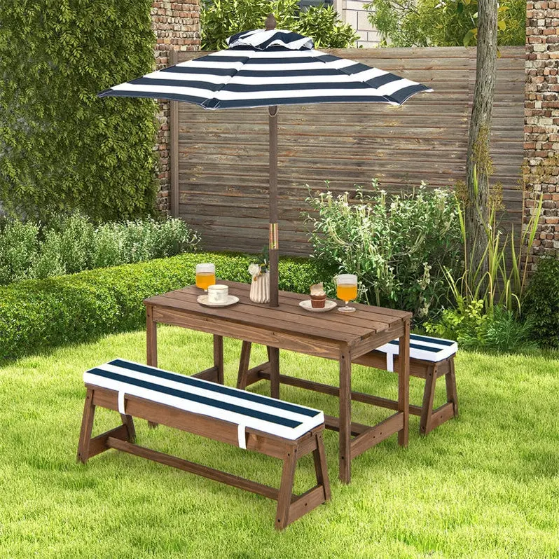 Wooden Kids’ Picnic Table & Bench Set – Outdoor Play Table with Cushioned Seats & Adjustable Umbrella