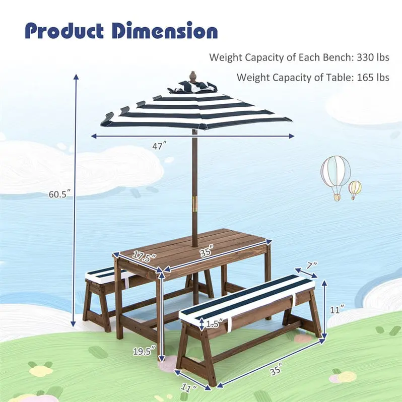 Wooden Kids’ Picnic Table & Bench Set – Outdoor Play Table with Cushioned Seats & Adjustable Umbrella