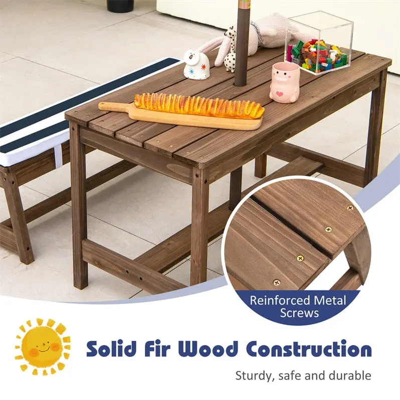 Wooden Kids’ Picnic Table & Bench Set – Outdoor Play Table with Cushioned Seats & Adjustable Umbrella