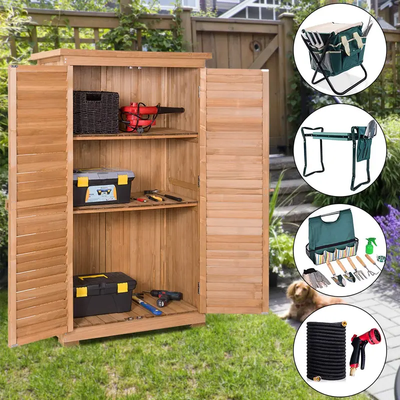Wooden Outdoor Storage Shed – Rustic Fir Wood Garden Locker with Lockable Shutter Design