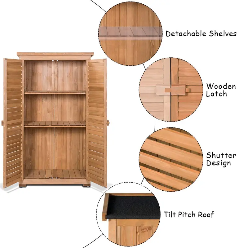 Wooden Outdoor Storage Shed – Rustic Fir Wood Garden Locker with Lockable Shutter Design