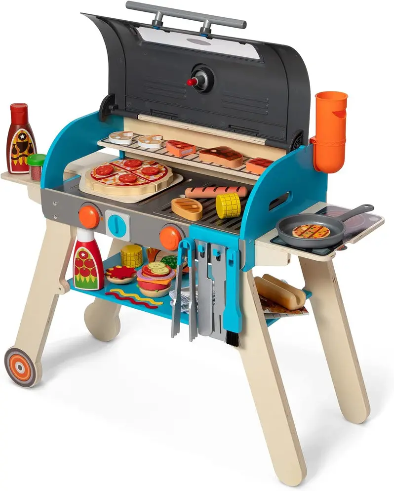 Wooden Pretend Grill, Smoker & Pizza Oven Toy for Kids’ Role-Play