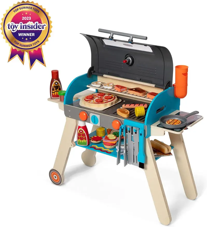 Wooden Pretend Grill, Smoker & Pizza Oven Toy for Kids’ Role-Play