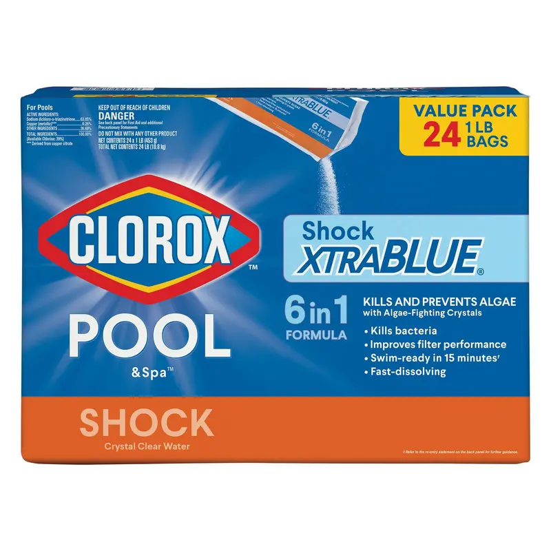XtraBlue Pool Shock & Algaecide – 1-Pound Bag, 24-Pack for Hot Tubs, Spas, and Swimming Pools