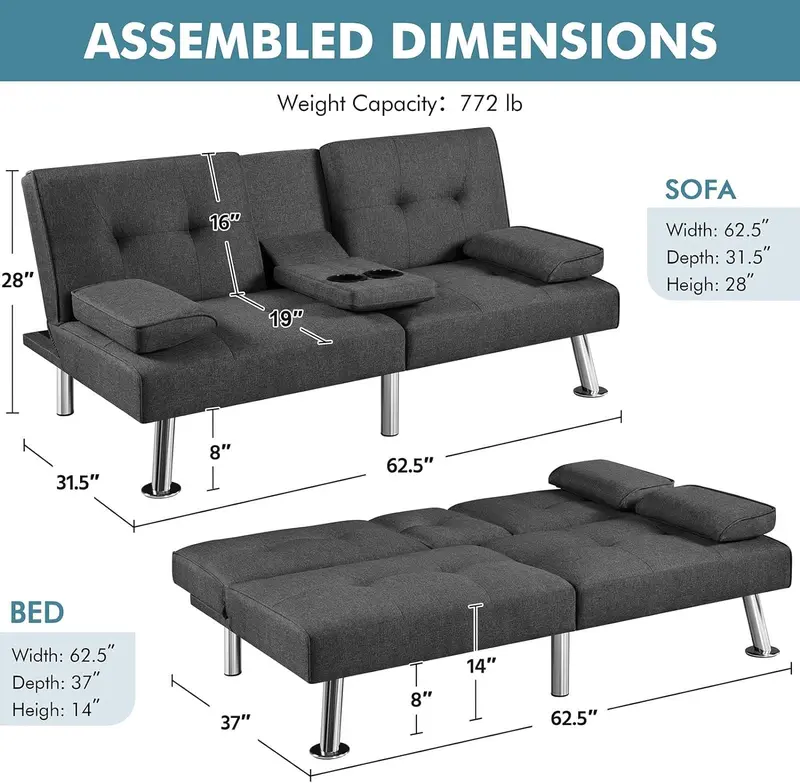 Yaheetech Convertible Faux Leather Loveseat – Reversible Folding Sofa Bed with Removable Arms, 3 Recline Angles & 772 lb Weight Limit (Brown)