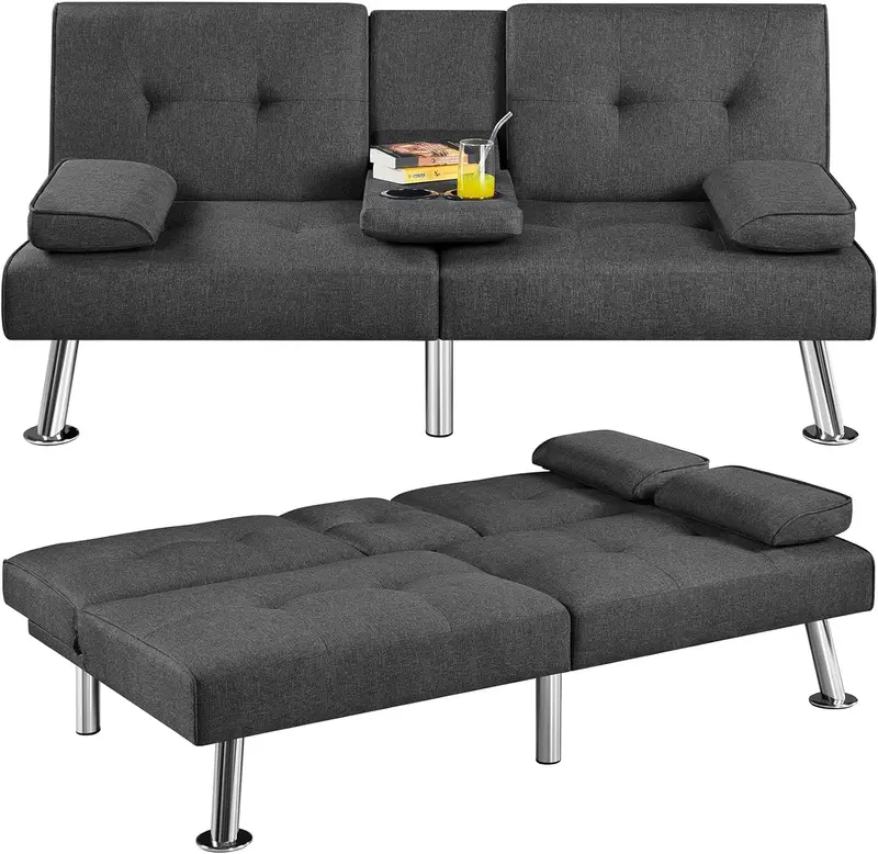 Yaheetech Convertible Faux Leather Loveseat – Reversible Folding Sofa Bed with Removable Arms, 3 Recline Angles & 772 lb Weight Limit (Brown)