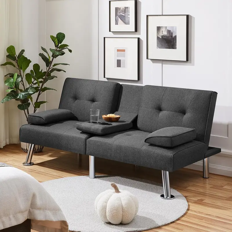 Yaheetech Convertible Faux Leather Loveseat – Reversible Folding Sofa Bed with Removable Arms, 3 Recline Angles & 772 lb Weight Limit (Brown)