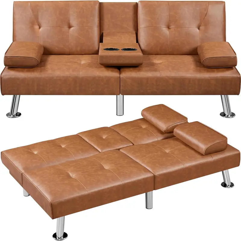 Yaheetech Convertible Faux Leather Loveseat – Reversible Folding Sofa Bed with Removable Arms, 3 Recline Angles & 772 lb Weight Limit (Brown)
