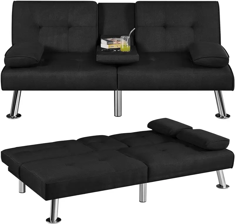 Yaheetech Convertible Faux Leather Loveseat – Reversible Folding Sofa Bed with Removable Arms, 3 Recline Angles & 772 lb Weight Limit (Brown)