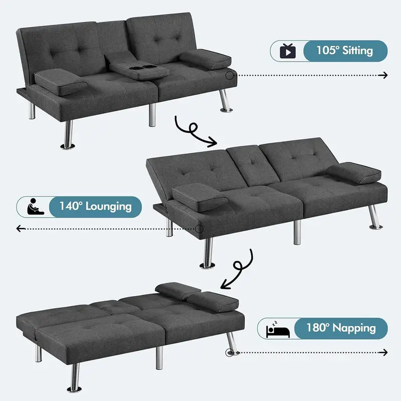 Yaheetech Convertible Faux Leather Loveseat – Reversible Folding Sofa Bed with Removable Arms, 3 Recline Angles & 772 lb Weight Limit (Brown)