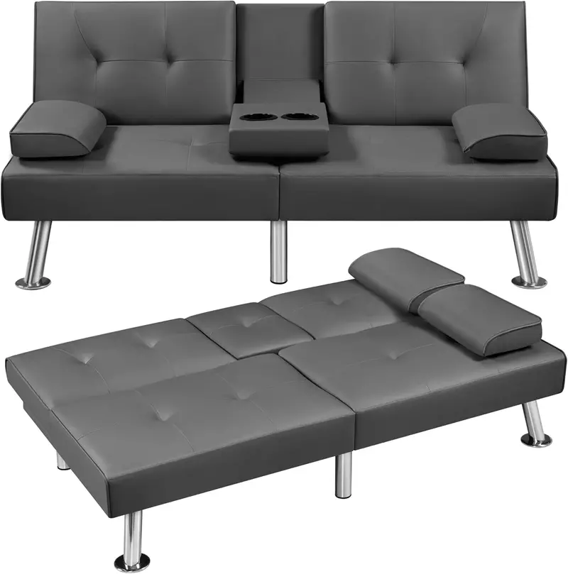Yaheetech Convertible Faux Leather Loveseat – Reversible Folding Sofa Bed with Removable Arms, 3 Recline Angles & 772 lb Weight Limit (Brown)