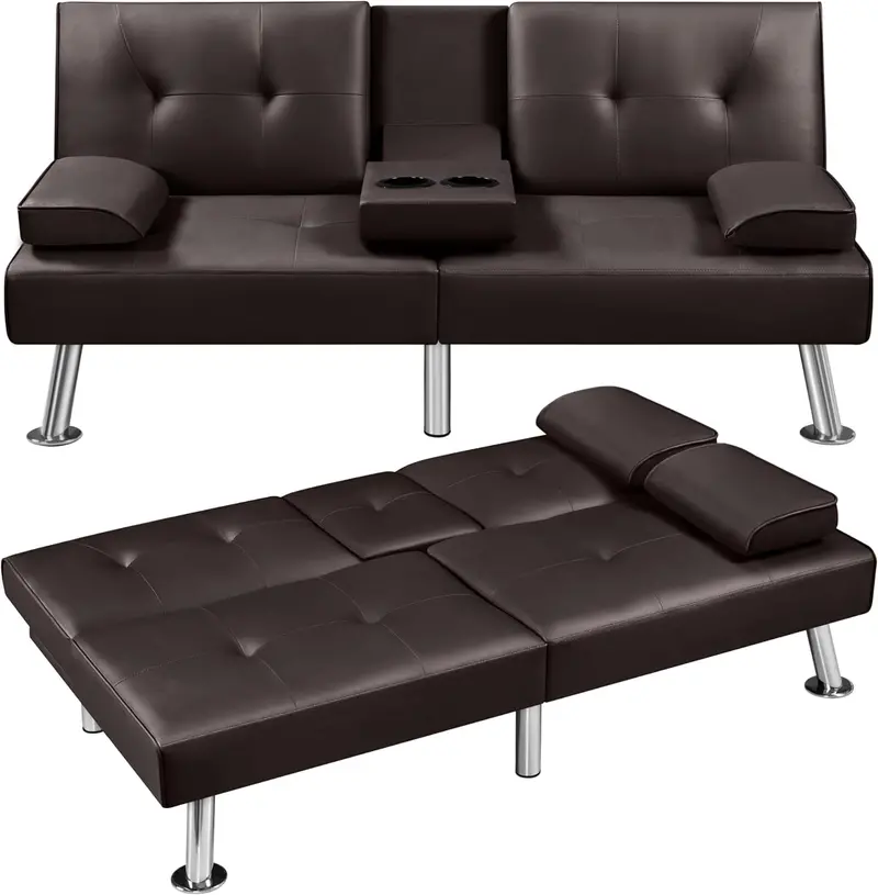Yaheetech Convertible Faux Leather Loveseat – Reversible Folding Sofa Bed with Removable Arms, 3 Recline Angles & 772 lb Weight Limit (Brown)