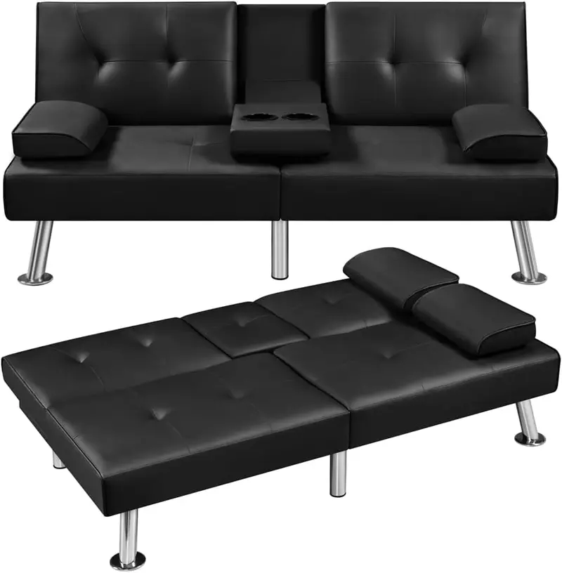 Yaheetech Convertible Faux Leather Loveseat – Reversible Folding Sofa Bed with Removable Arms, 3 Recline Angles & 772 lb Weight Limit (Brown)