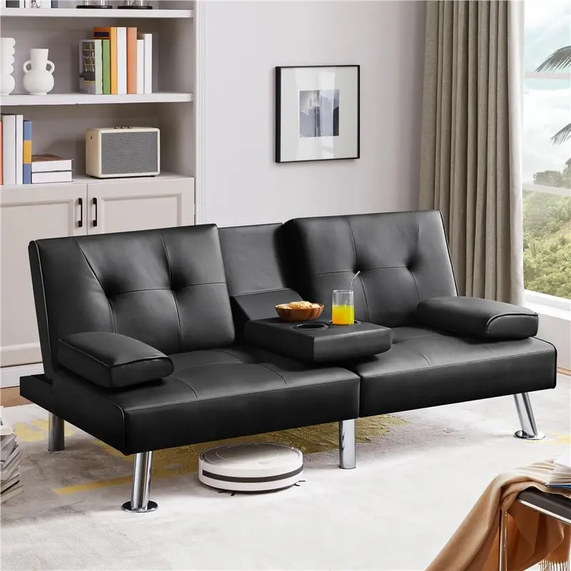 Yaheetech Convertible Faux Leather Loveseat – Reversible Folding Sofa Bed with Removable Arms, 3 Recline Angles & 772 lb Weight Limit (Brown)