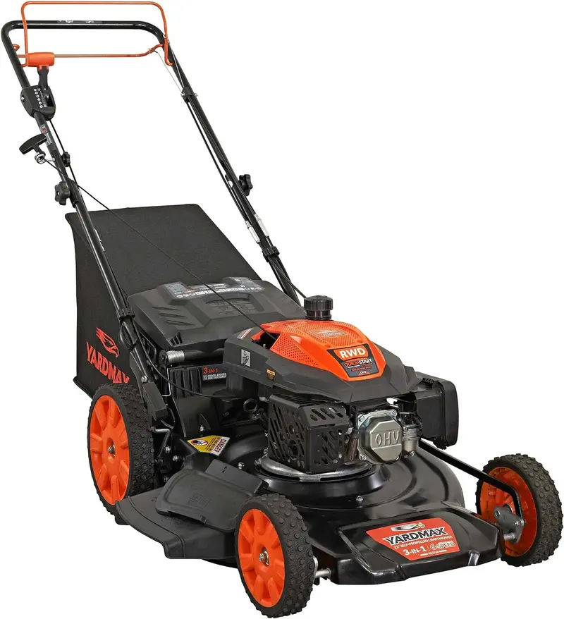 YARDMAX 22-Inch Gas-Powered Self-Propelled Lawn Mower – 201cc Engine, 6-Speed CVT Transmission, Rear-Wheel Drive, and 3-in-1 Cutting System