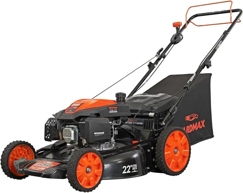 YARDMAX 22-Inch Gas-Powered Self-Propelled Lawn Mower – 201cc Engine, 6-Speed CVT Transmission, Rear-Wheel Drive, and 3-in-1 Cutting System