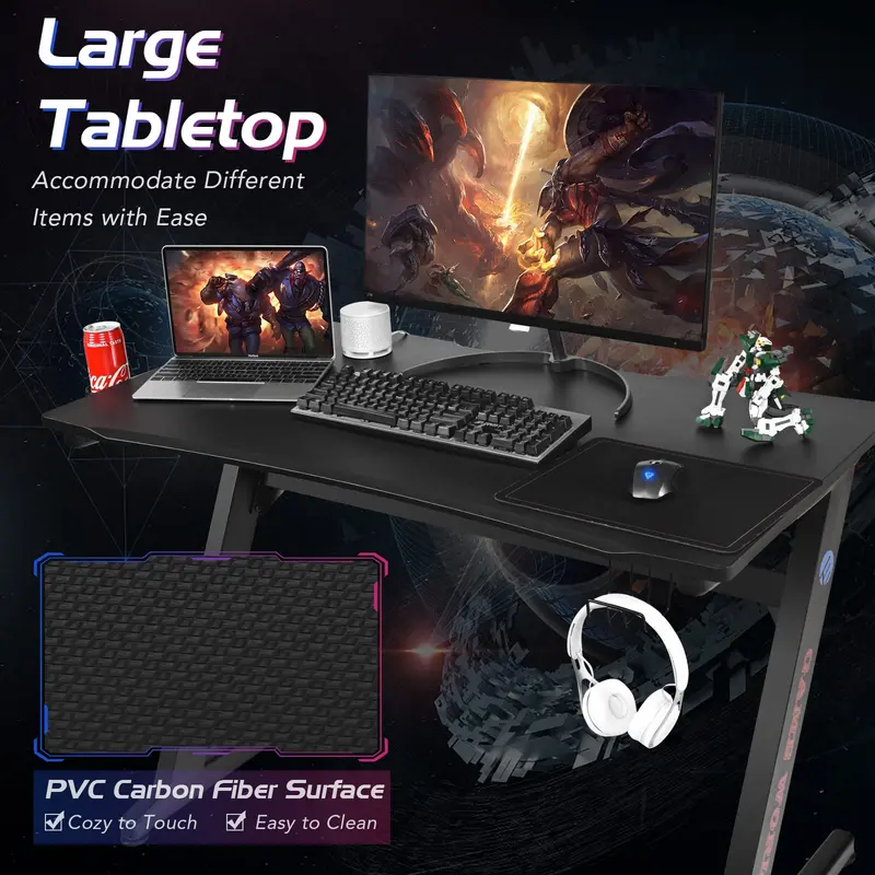 Z-Shaped Gaming Desk – 45.5-Inch Racing-Style Desk with Carbon Fiber Surface and Integrated Mouse Pad