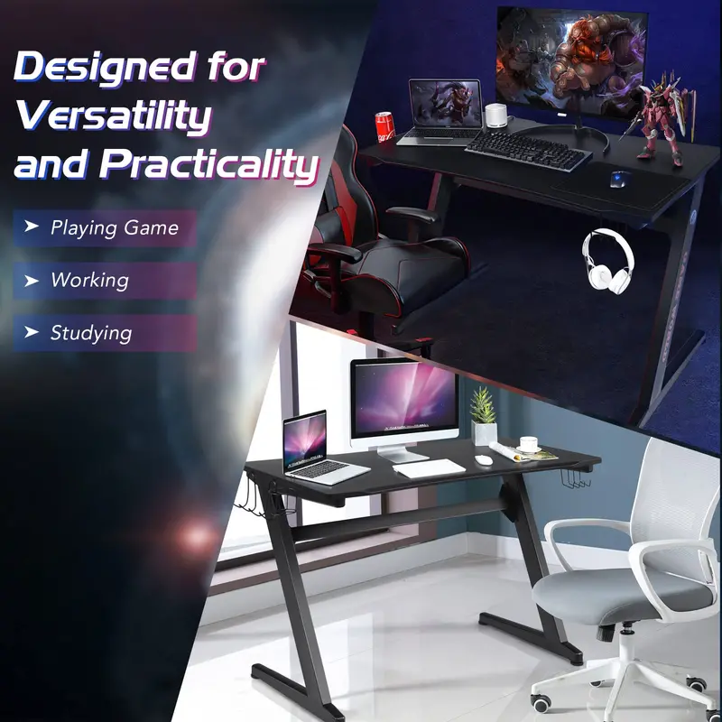 Z-Shaped Gaming Desk – 45.5-Inch Racing-Style Desk with Carbon Fiber Surface and Integrated Mouse Pad