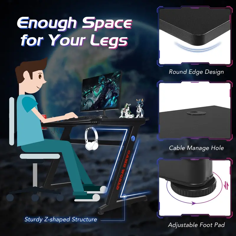 Z-Shaped Gaming Desk – 45.5-Inch Racing-Style Desk with Carbon Fiber Surface and Integrated Mouse Pad