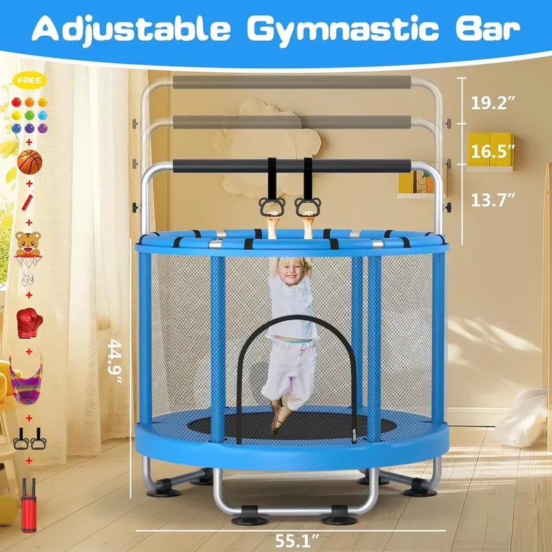 ZCMHAXJ Kids' Trampoline with Adjustable Gymnastics Bar and 7 Interactive Toys