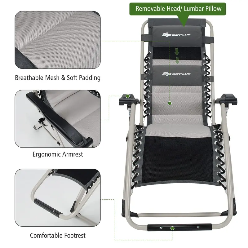 Zero Gravity Folding Recliner – High-Weight-Capacity Lounge Chair with Detachable Head Pillow