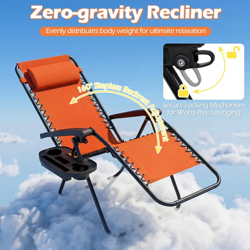 Zero-Gravity Recliner Chair – Ergonomic Backrest, Removable Pillow & Built-in Cup Holder Tray